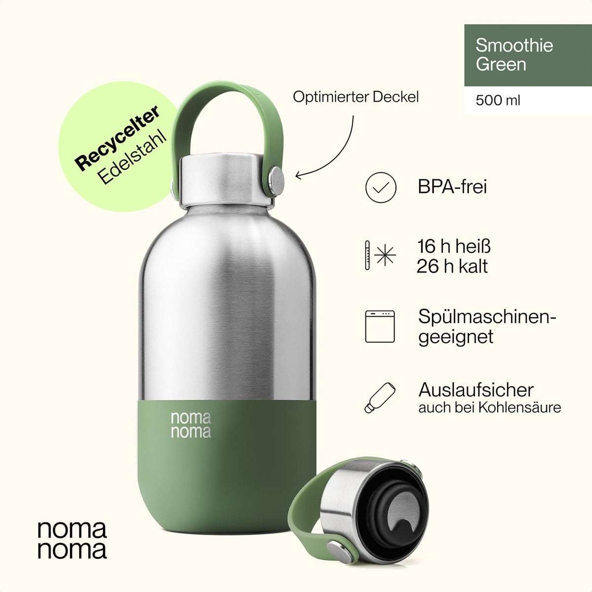 Trinkflasche Edelstahl auslaufsicher 500ml Smoothie Green von guteszeug.ch