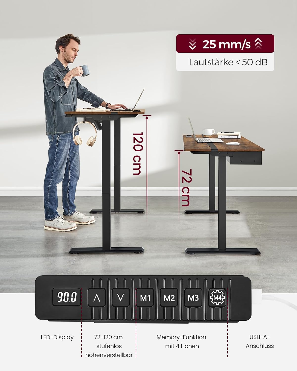Schreibtisch elektrisch höhenverstellbar 140x60 cm Braun von Songmics