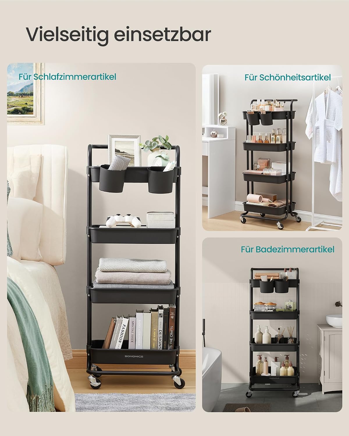 Rollwagen 4 Ablagekörbe 42,5x35,7x115 cm Schwarz von Songmics
