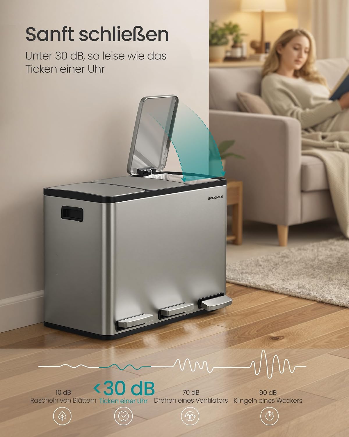 Mülleimer 3x15 l Dreifach Abfalleimer Edelstahl Silber von Songmics
