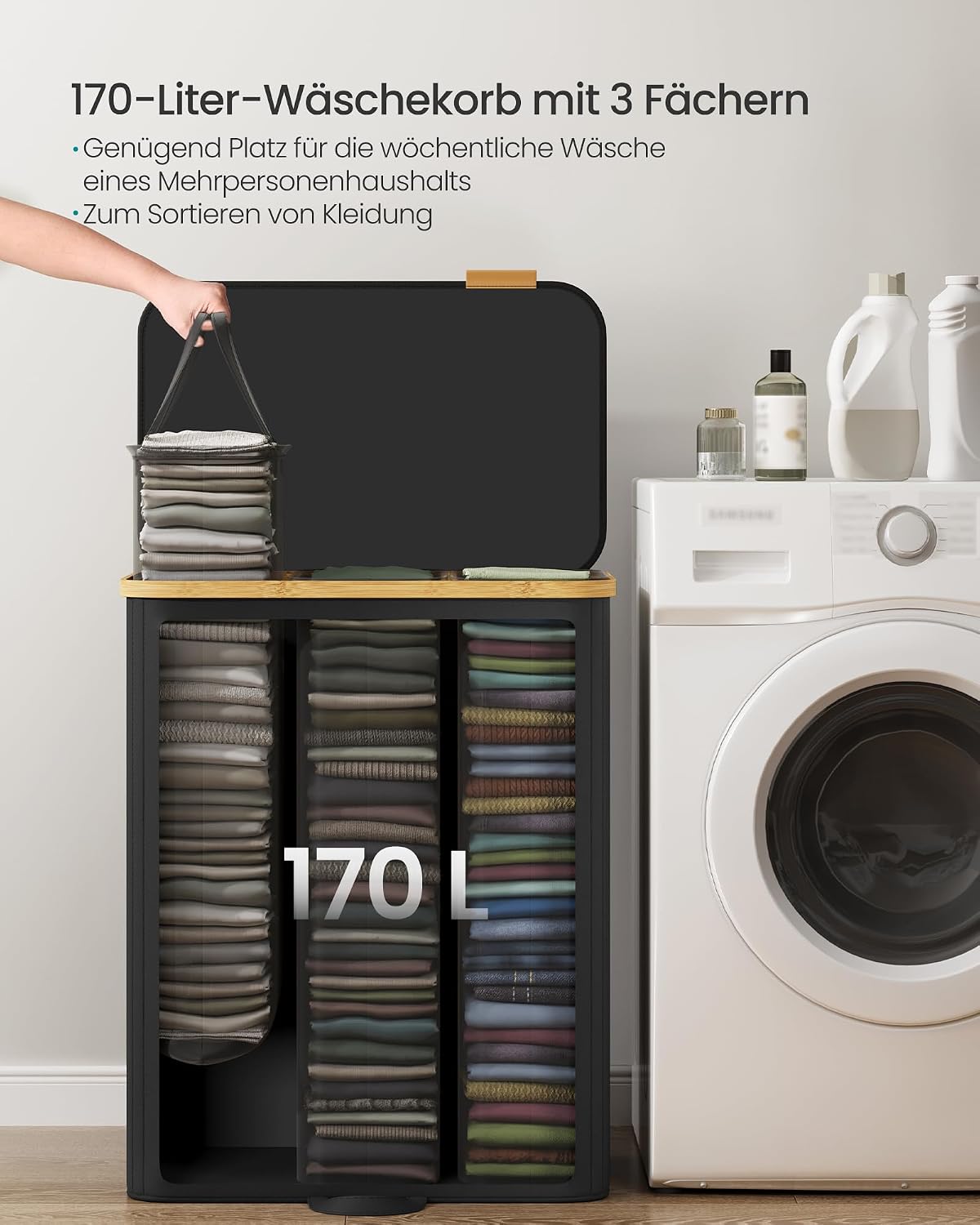 Wäschesortierer 3 Fächer 170 l Wäschekorb Tintenschwarz von Songmics
