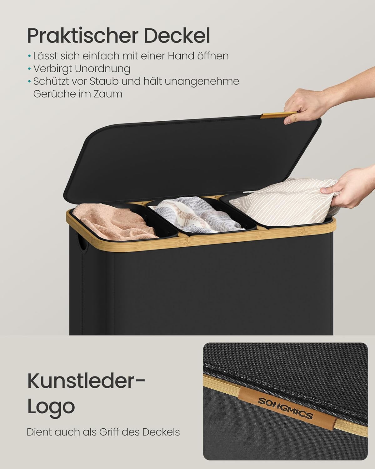 Wäschesortierer 3 Fächer 170 l Wäschekorb Tintenschwarz von Songmics