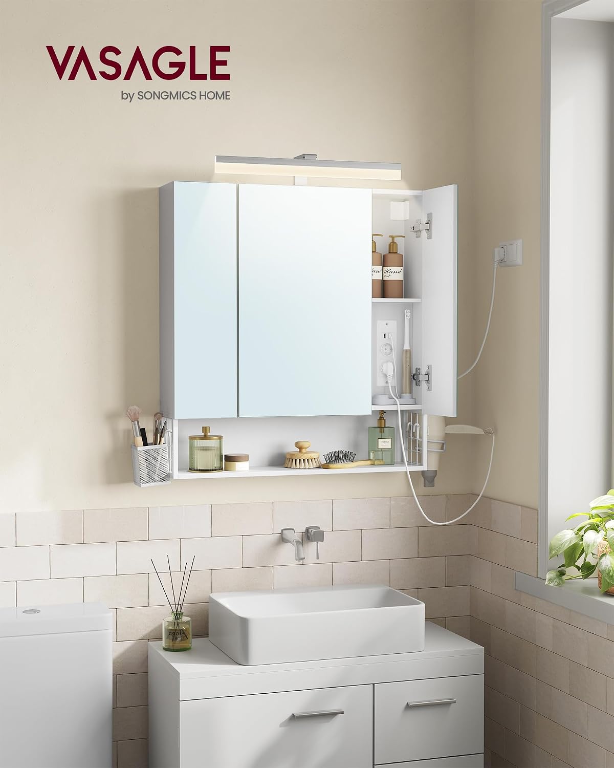 Spiegelschrank 70x16,5x75 cm LED Wolkenweiss von Songmics