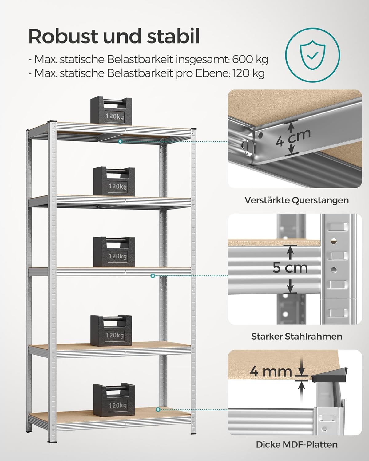 Schwerlastregal 50x100x200 cm 600 kg 5 Ablagen Silber 2er von Songmics