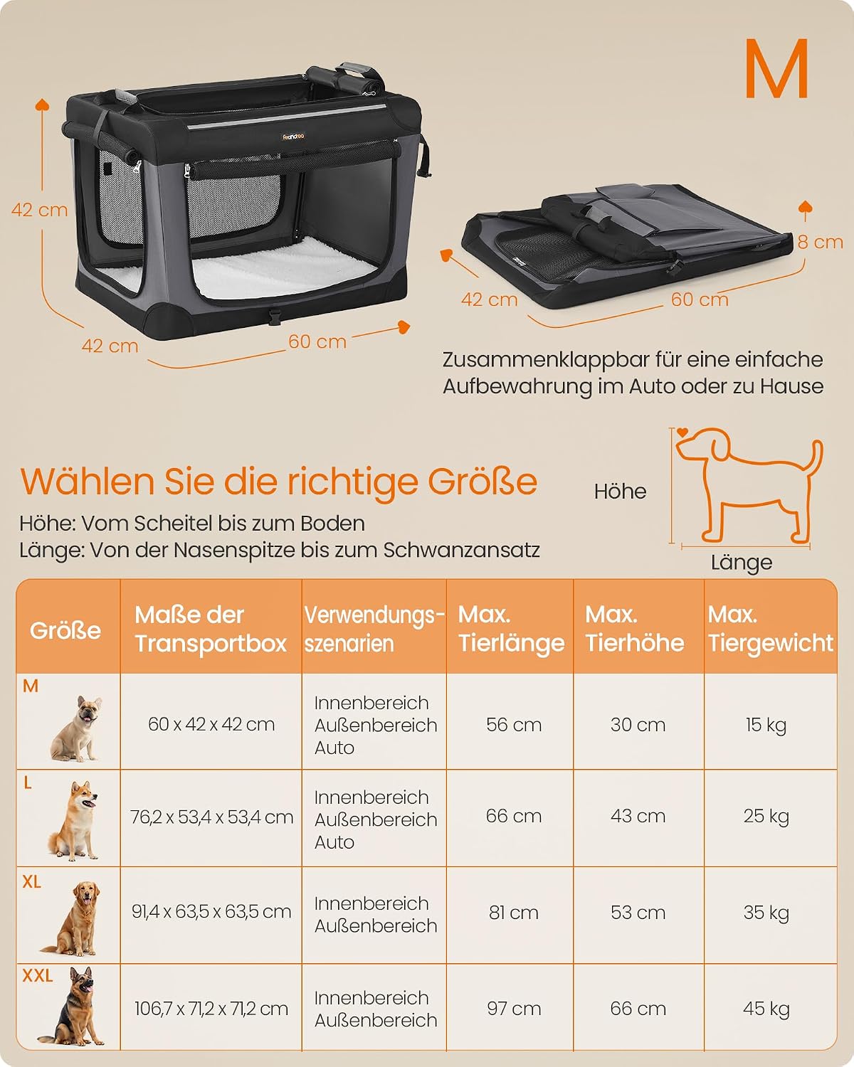 Hundebox faltbar Transportbox 60x42x42 cm Schwarz von Songmics