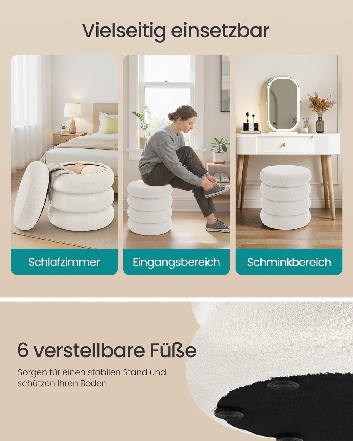 Sitzhocker Pouf mit Stauraum 43x43x47 cm Cremeweiss von Songmics