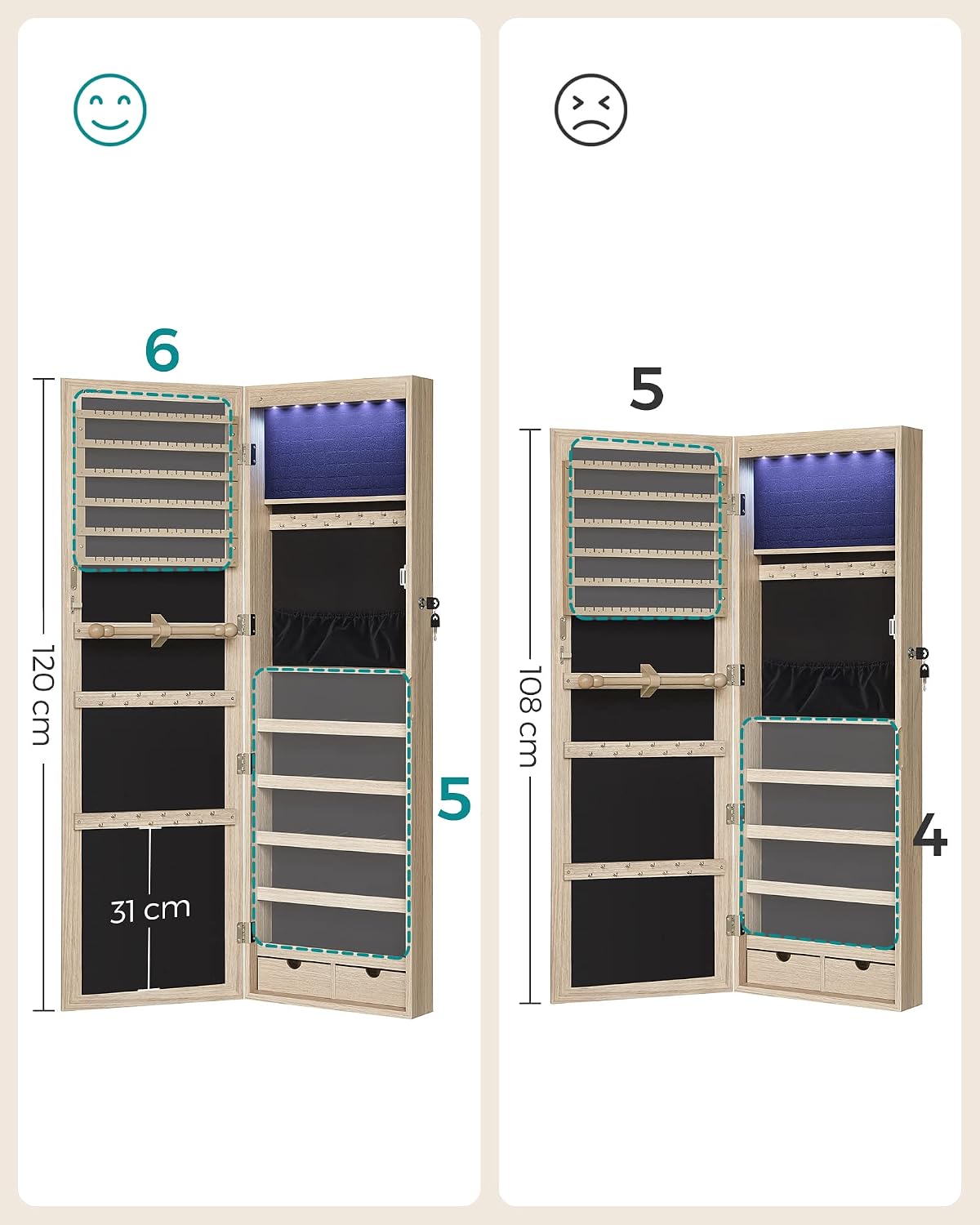 Schmuckschrank mit Spiegel 37x10x120 cm hängend Eiche von Songmics