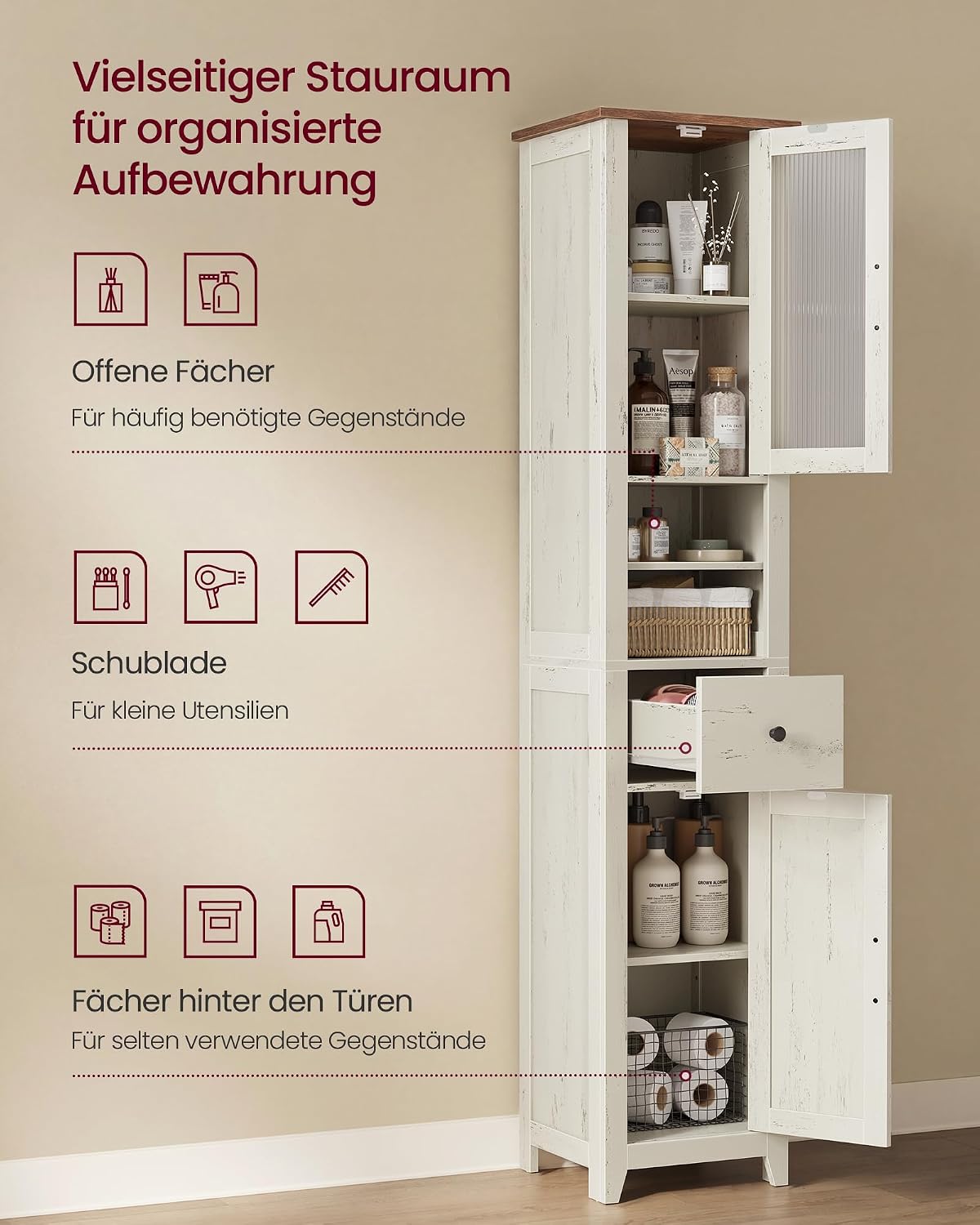 Badezimmerschrank Hochschrank 33x31,5x171 cm Weiss von Songmics