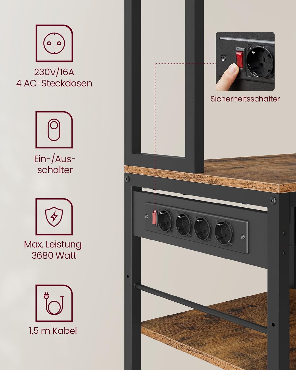 Küchenregal mit Steckdosen Standregal verstellbar 180 cm von Songmics