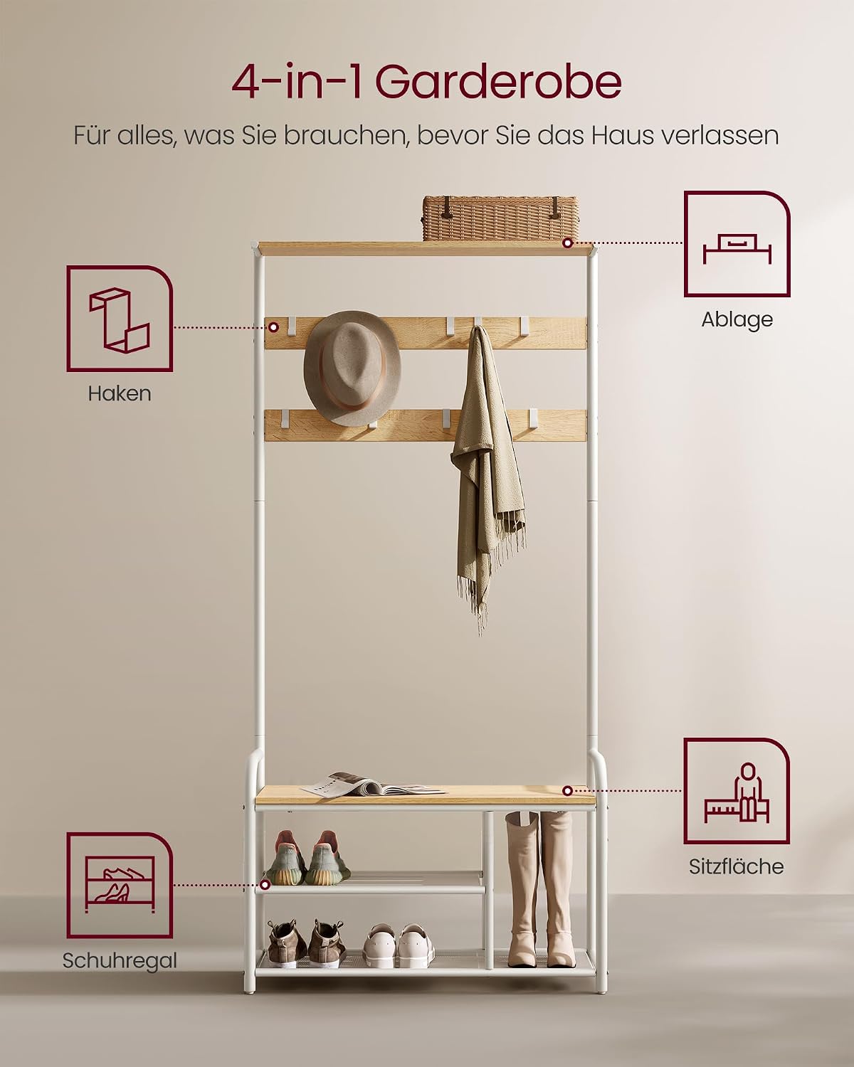 Garderobe Schuhregal Sitzbank 85x30x180 cm Eiche Weiss von Songmics