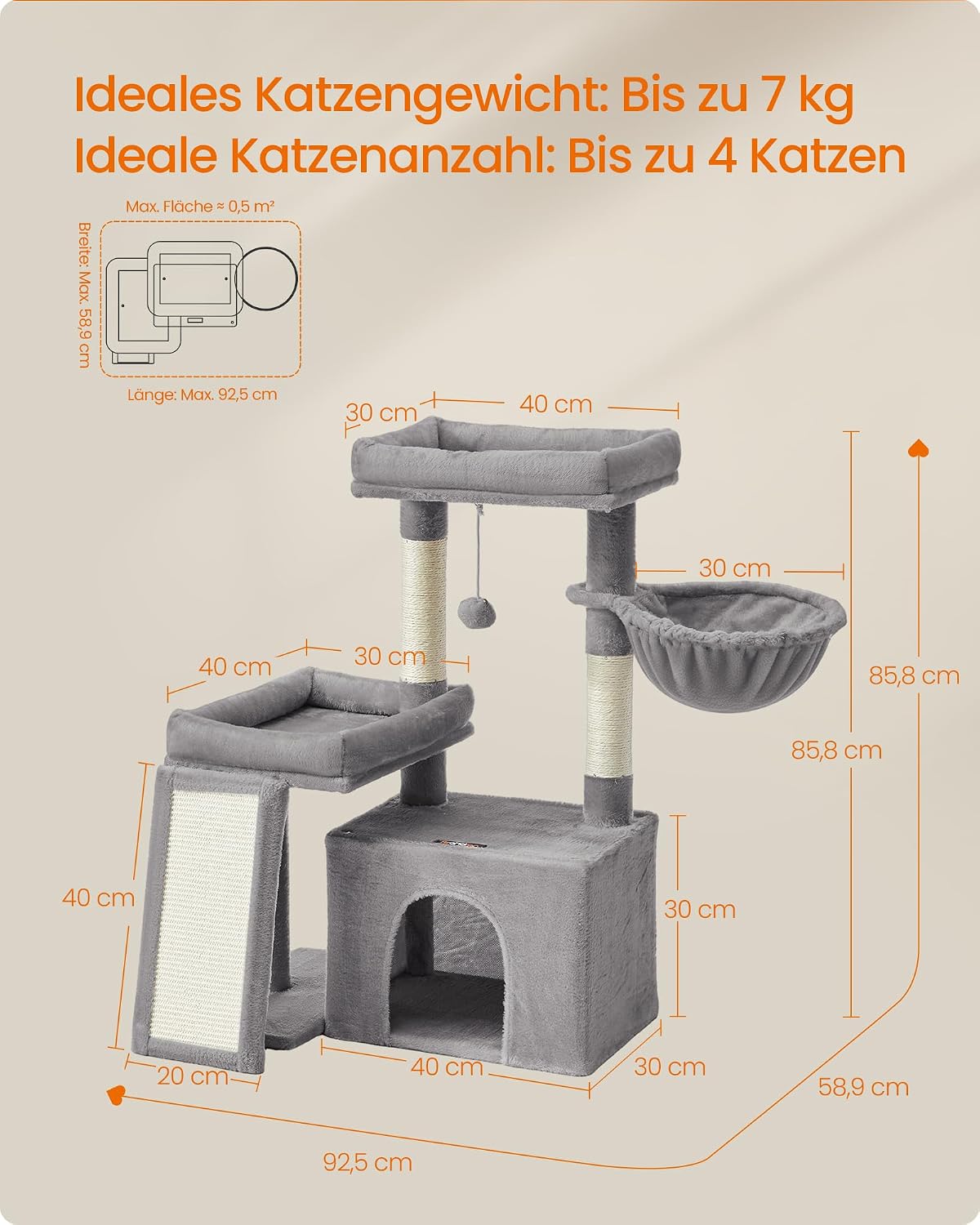 Kratzbaum 86 cm Katzenbaum Taubengrau mit Höhle von Songmics