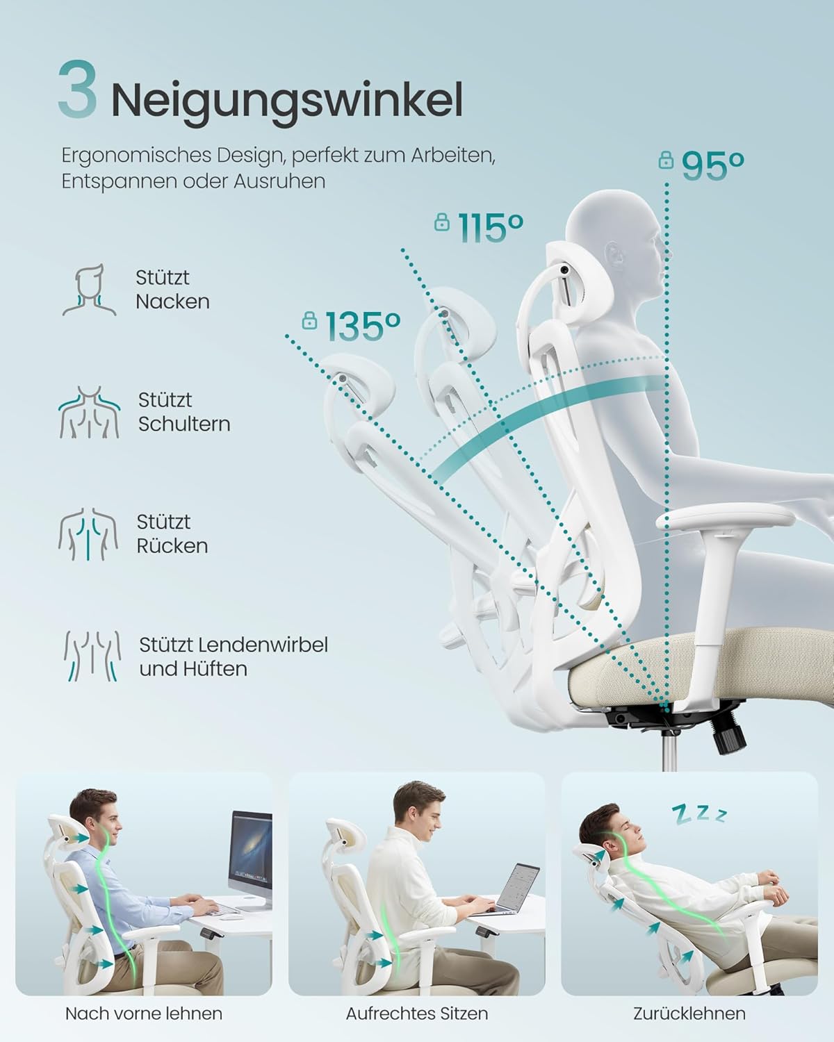 Ergonomischer Bürostuhl Netz höhenverstellbar bis 150 kg von Songmics