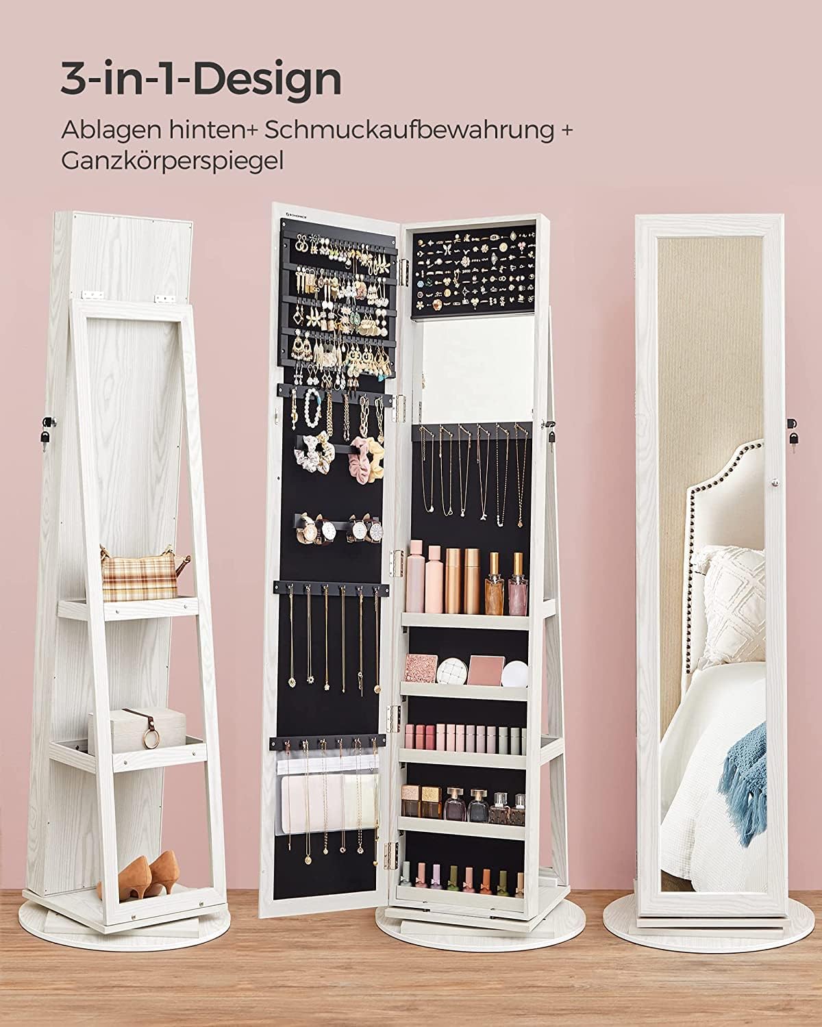 Schmuckschrank Standspiegel drehbar abschließbar weiß grau von Songmics