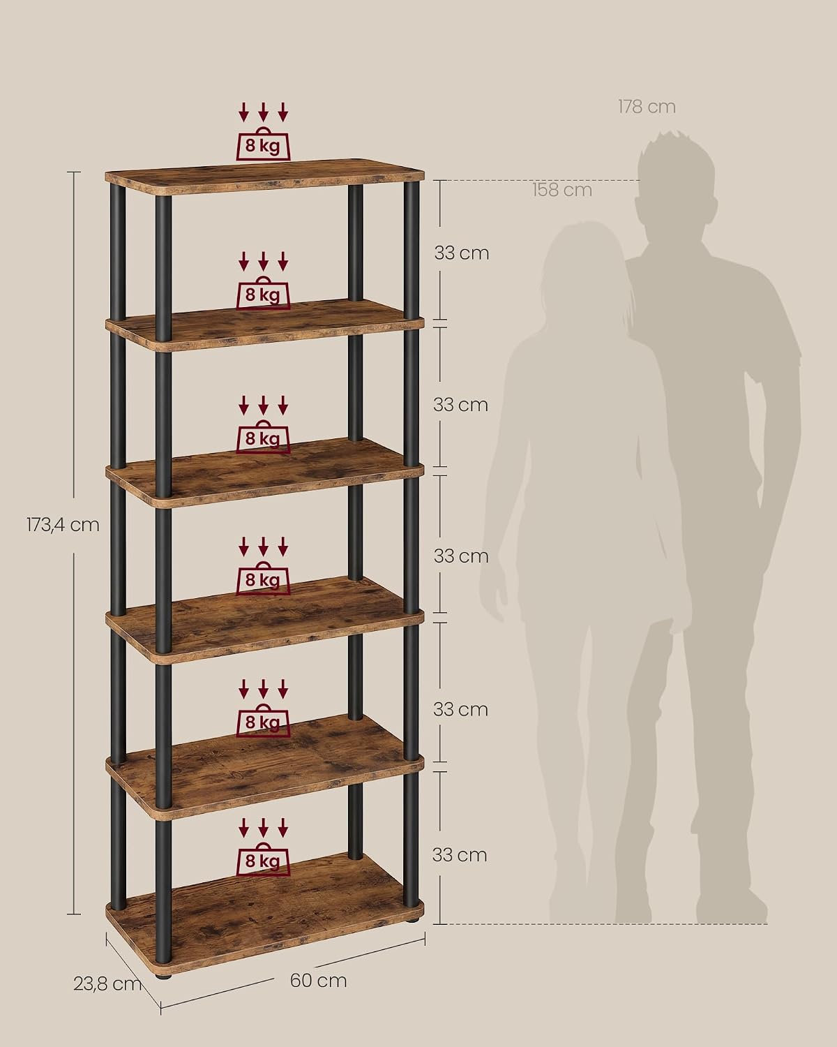 Bücherregal 6 Ebenen 60x24x173 cm Braun Schwarz von Songmics