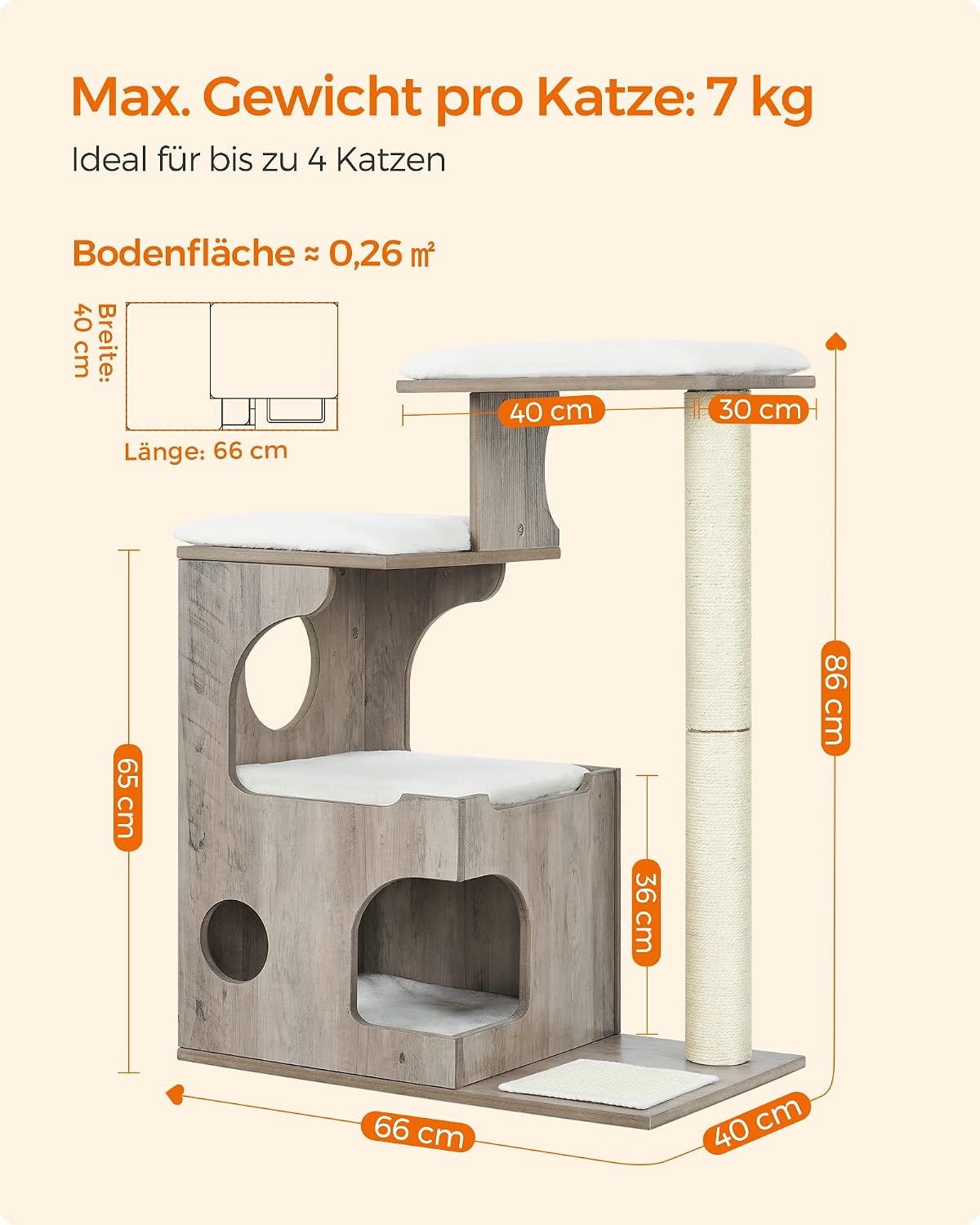 Kratzbaum 88 cm Katzenbaum mit Katzenhöhle Greige Weiss von Songmics