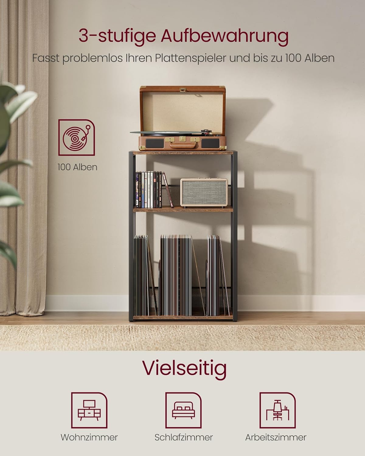 Plattenspieler Ständer 3 Etagen Beistelltisch Vintagebraun von Songmics