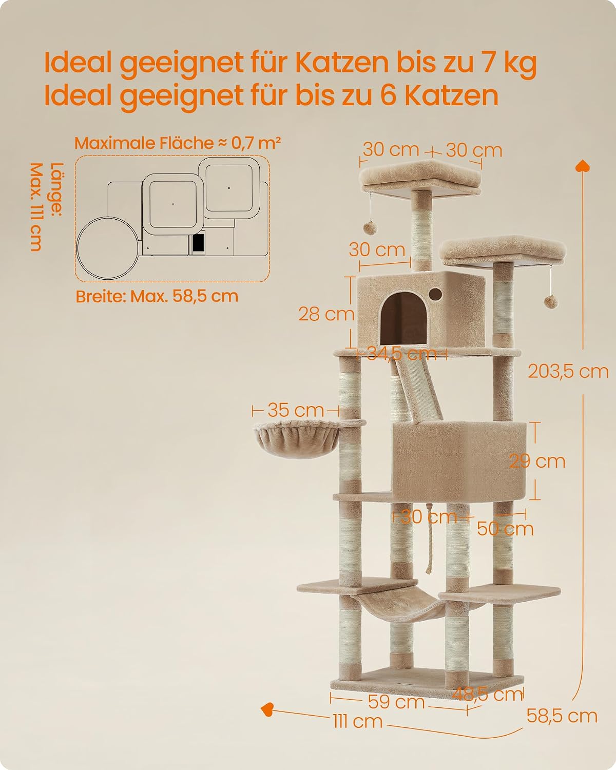 Kratzbaum XXL 203,5 cm Katzenbaum Kamelbraun von Songmics