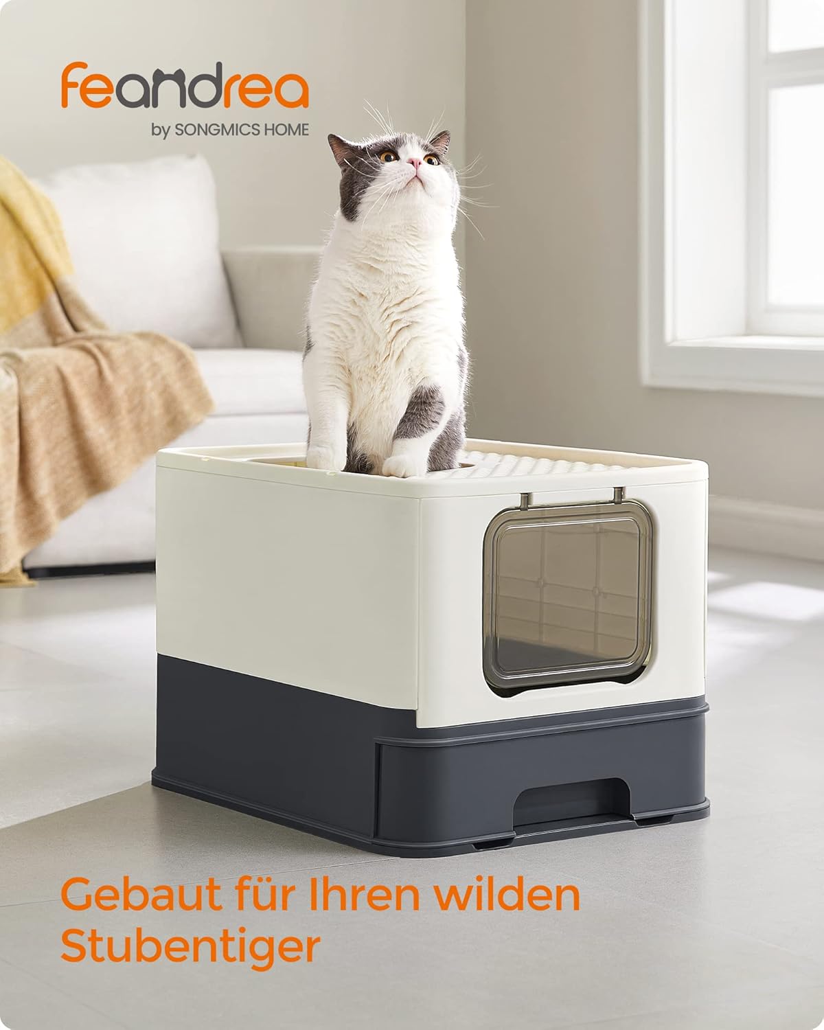 Katzentoilette mit Deckel Schaufel Bürste bis 15 kg beige von Songmics