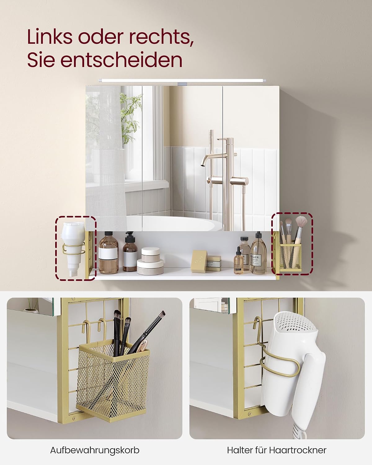 Spiegelschrank Badschrank LED 70x16x70 cm Weiss Gold von Songmics