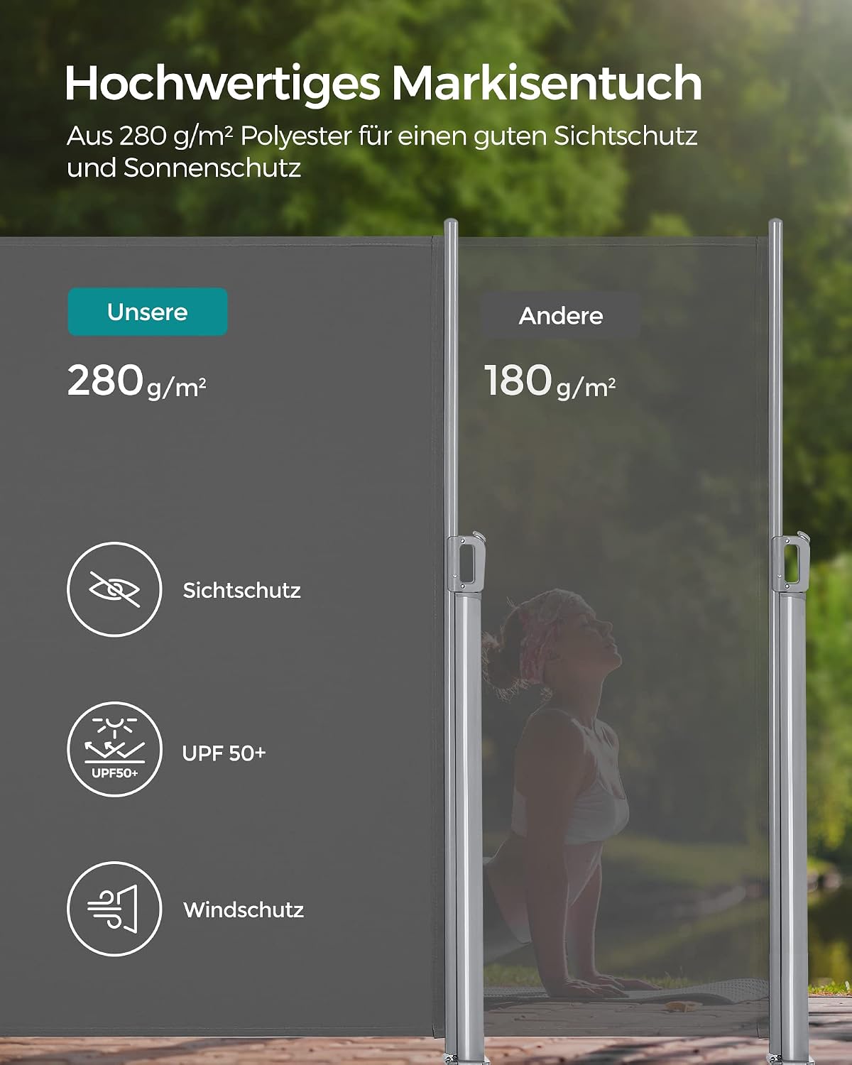 Seitenmarkise 180x350 cm Sichtschutz Terrasse Grau von Songmics