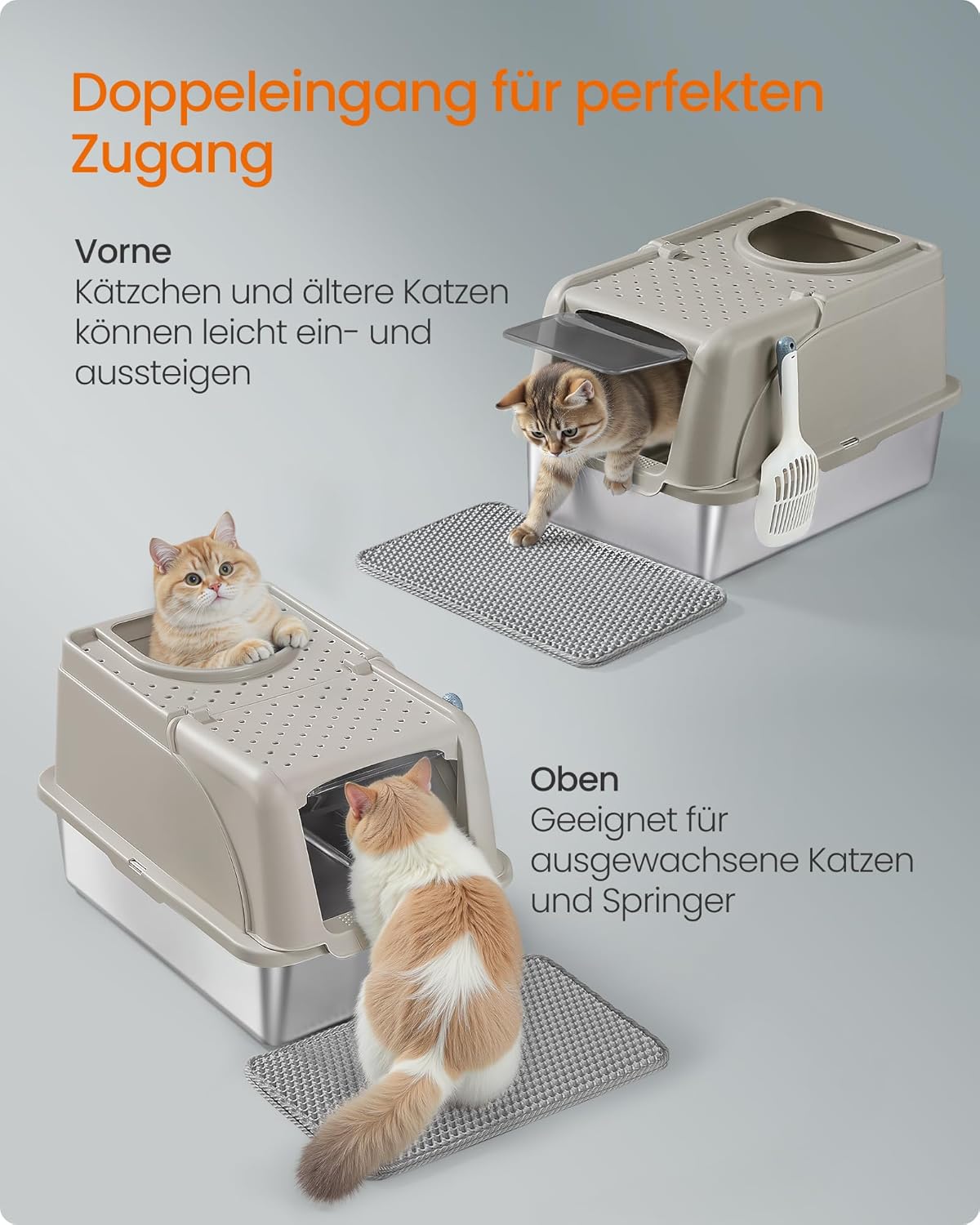 Katzentoilette XL Edelstahl mit Deckel und Schaufel beige von Songmics