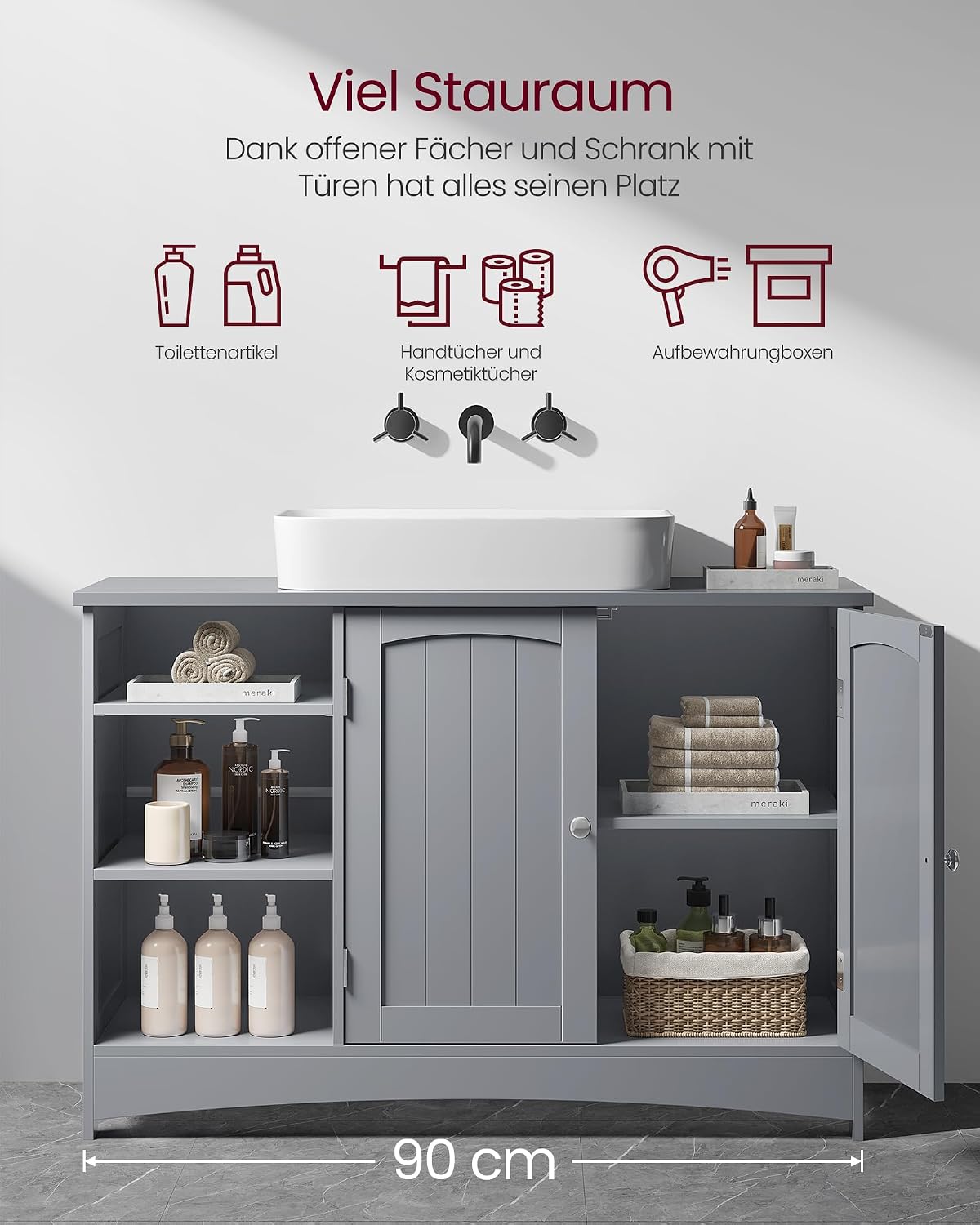Waschbeckenunterschrank Badschrank 90x30x60 cm Taubengrau von Songmics