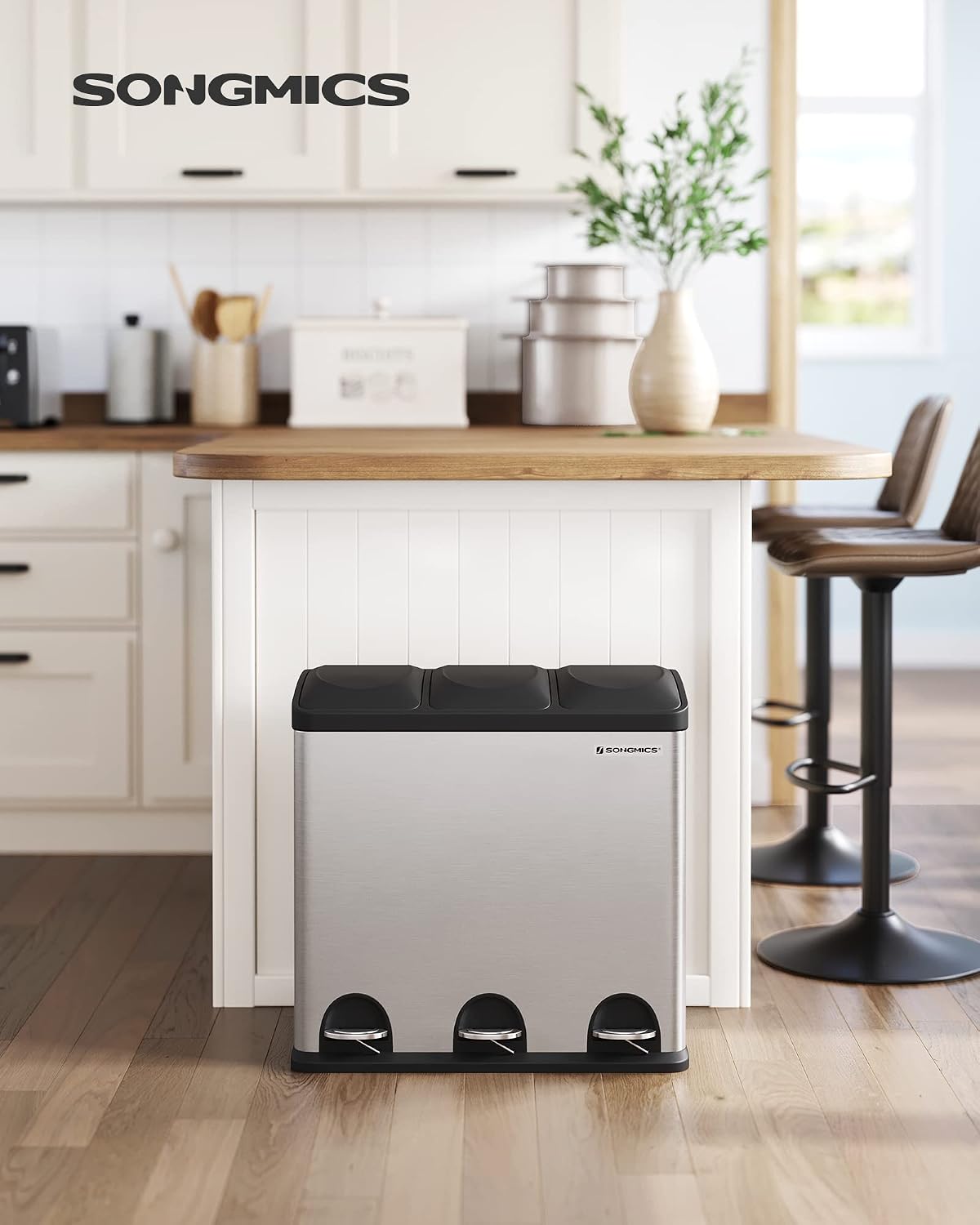 Treteimer 54 l 3 Fächer Mülltrenner Edelstahl Silber Schwarz von Songmics