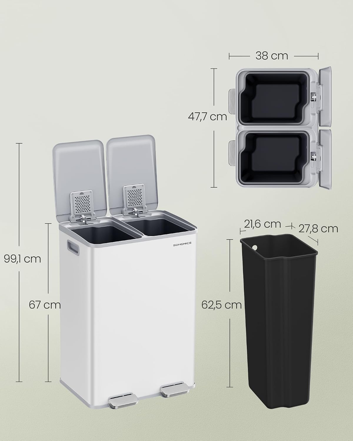 Abfalleimer 60 l 2 Fächer Treteimer Mülltrennung Weiss von Songmics