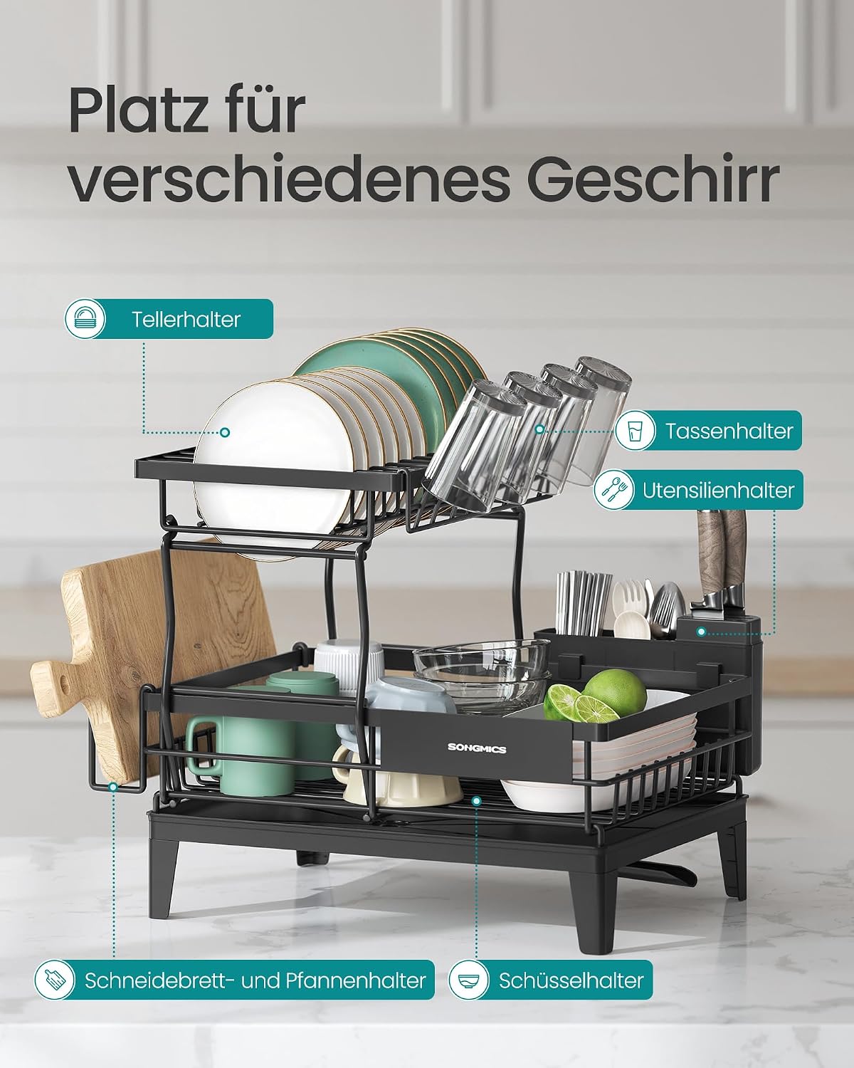 Geschirrabtropfgestell 2 Etagen 31x42x36,5 cm Schwarz von Songmics