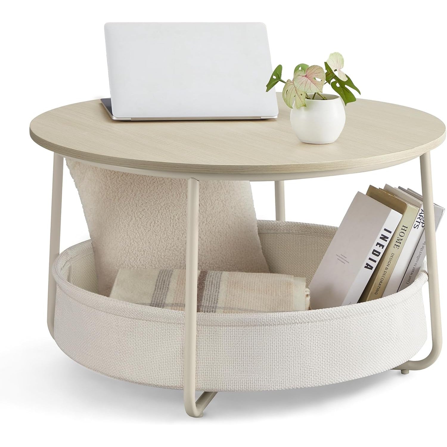 Runder Couchtisch mit Stoffkorb und Metallrahmen Beige von Songmics