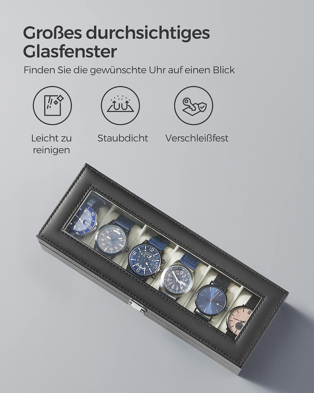 Uhrenbox 6 Fächer Uhrenorganizer Schwarz mit Glasdeckel von Songmics