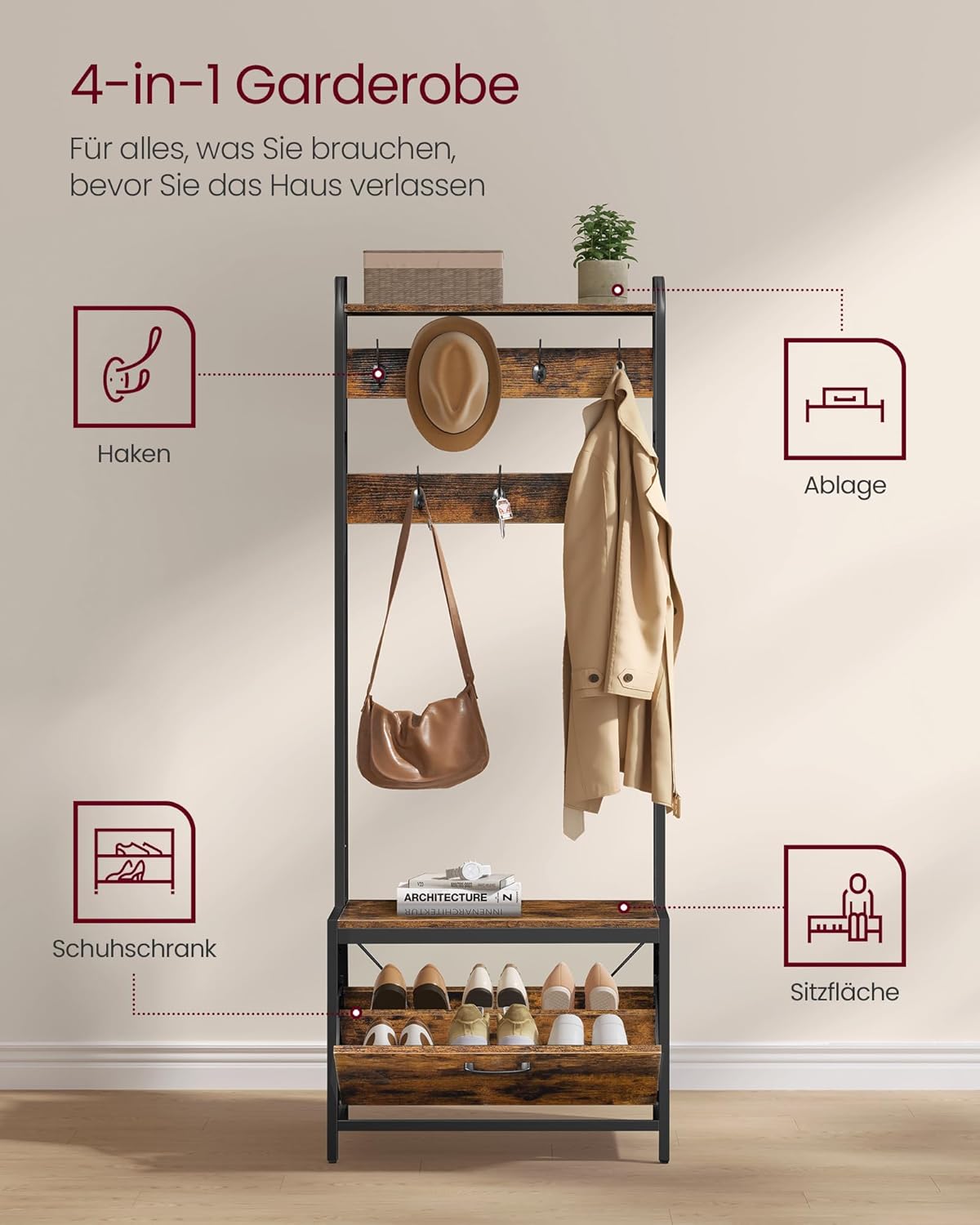 Garderobe 4-in-1 65x40x170 cm mit Schuhschrank Sitzbank von Songmics