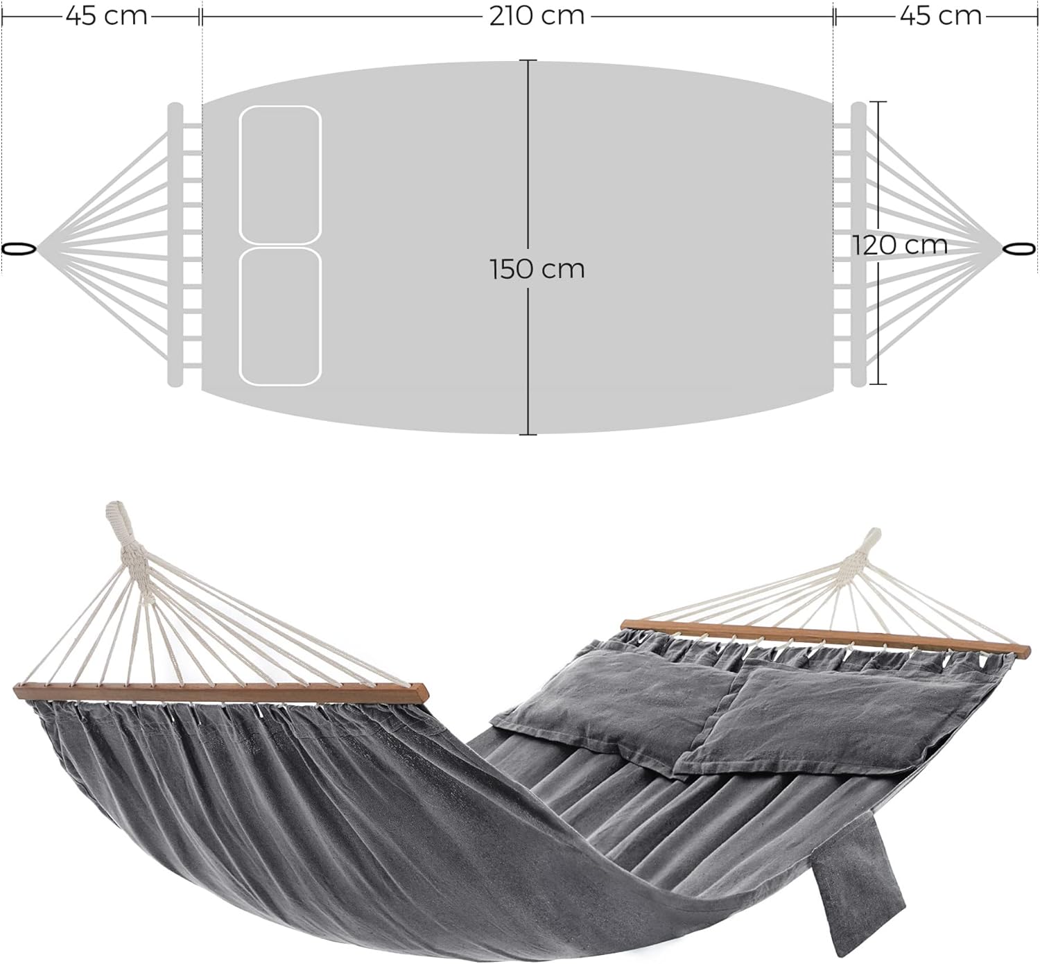 Hängematte Outdoor 210x150cm 300kg mit Kissen Holzstangen von Songmics