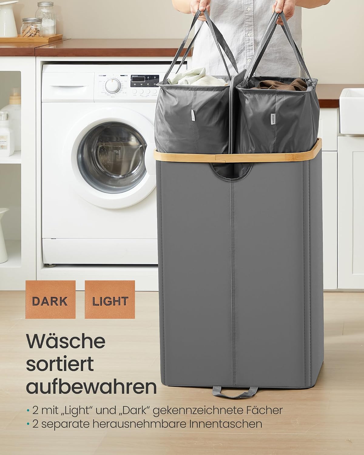 Wäschekorb 2 Fächer 150 l 52x38x75 cm Grau Beige von Songmics