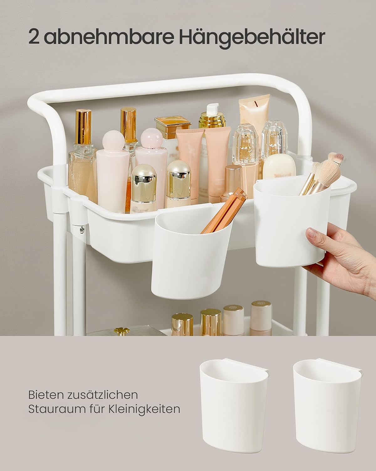 Rollwagen 3 Ablagen 2 Hängefächer 86 cm Weiss von Songmics