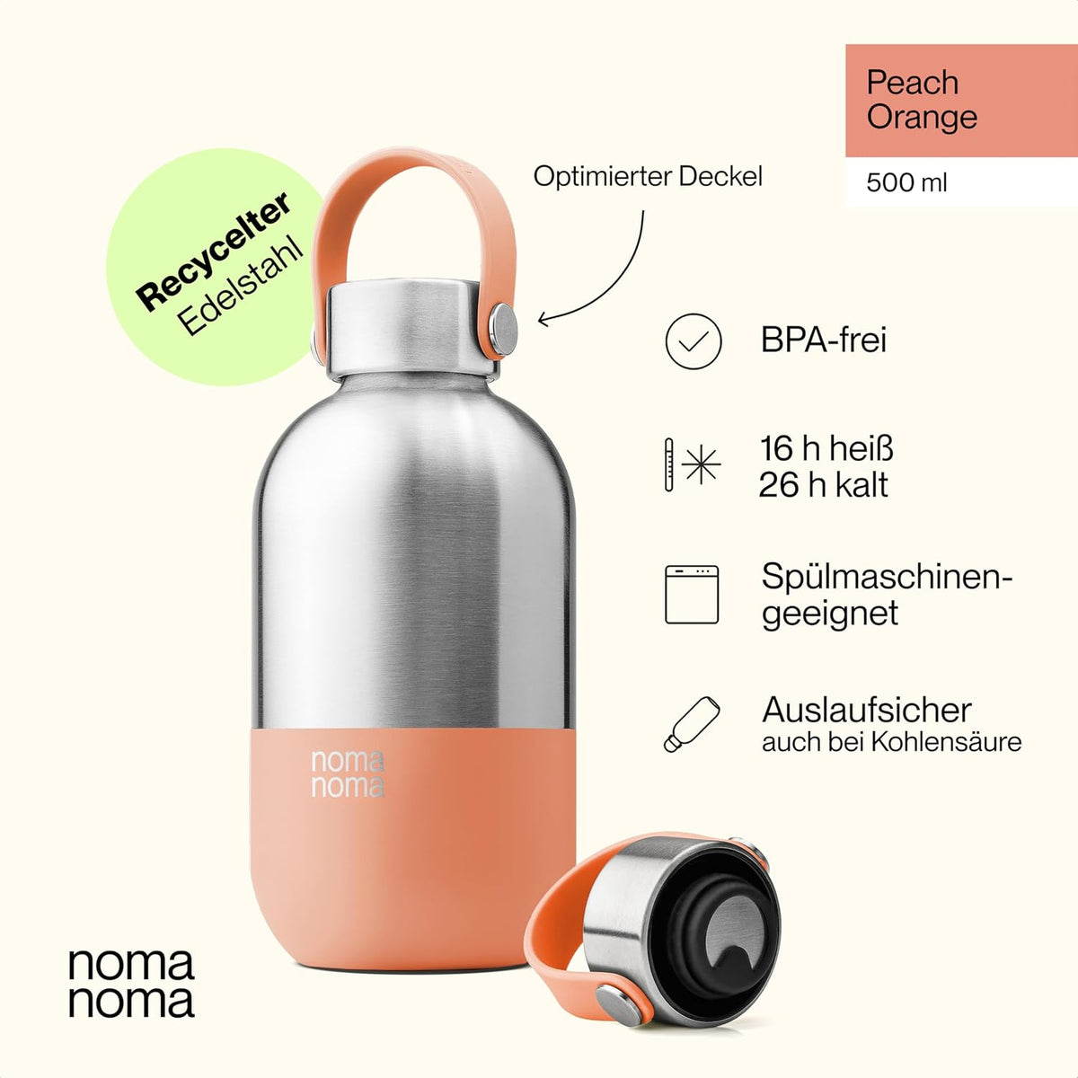 Trinkflasche Edelstahl auslaufsicher 500ml Peach Orange von guteszeug.ch
