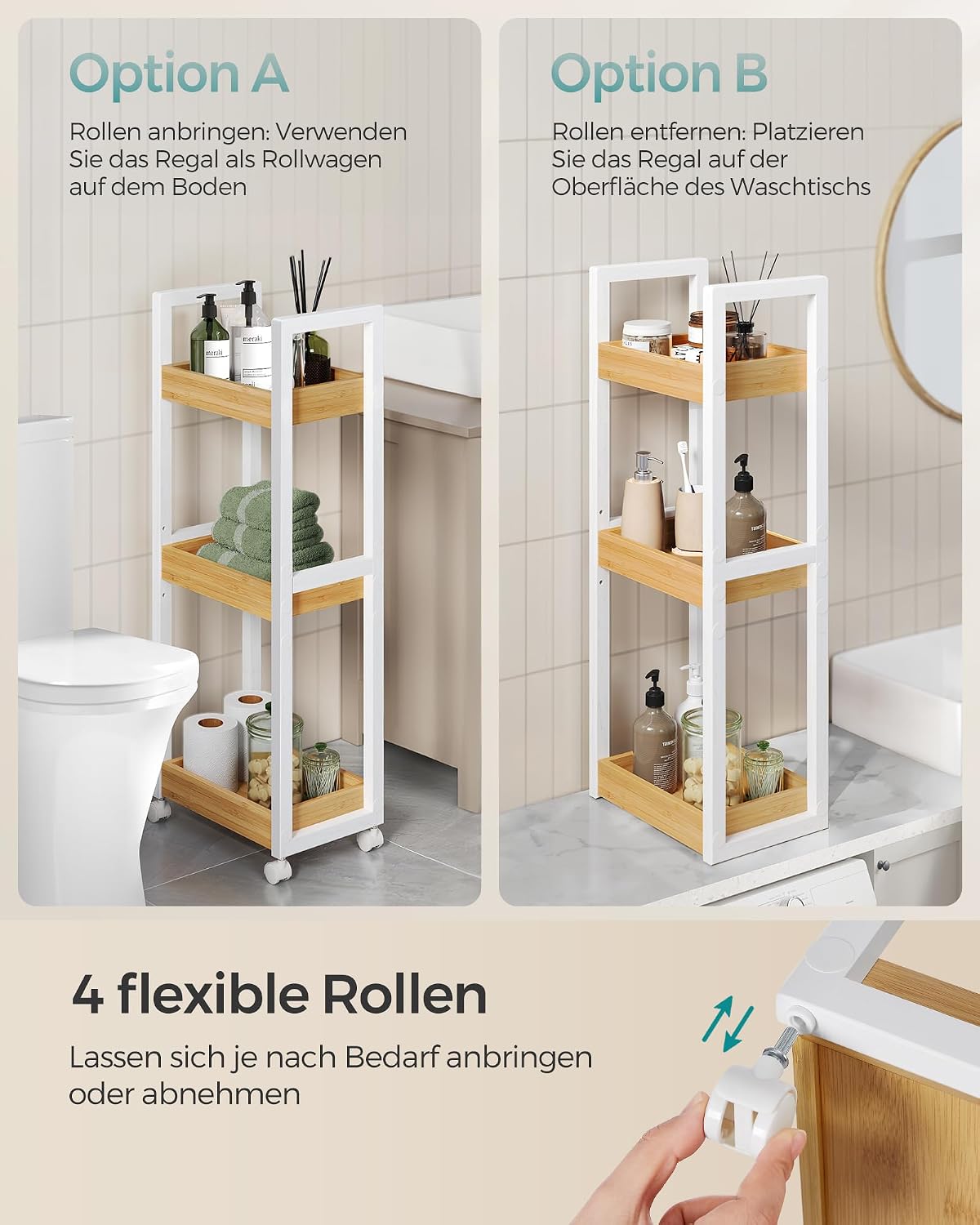 Badwagen Rollwagen 3 Ablagen 4 Rollen Bambus 30x20x80 cm von Songmics