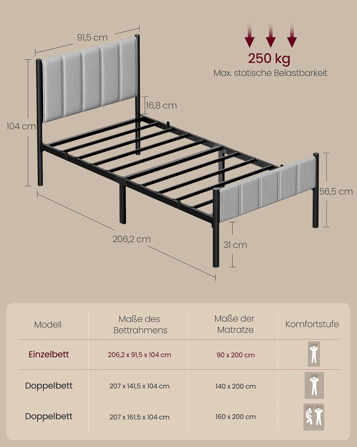 Einzelbettgestell 206x92x104 cm Stahl Taubengrau von Songmics