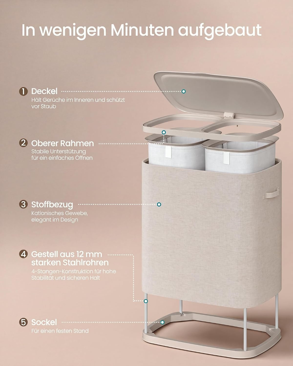 Wäschekorb 160 l 2 Fächer faltbar Cappuccino von Songmics