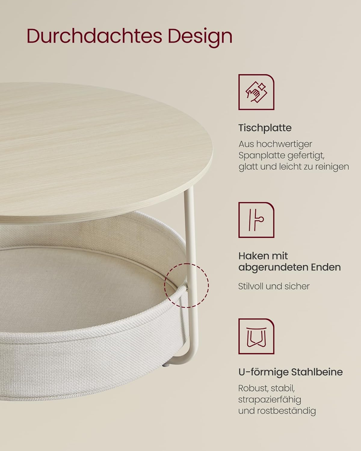 Runder Couchtisch mit Stoffkorb und Metallrahmen Beige von Songmics