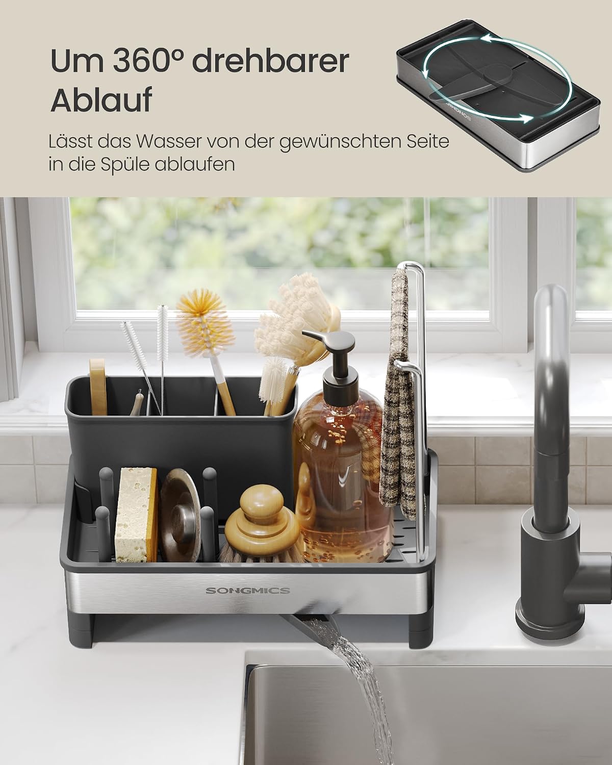 Spülbecken-Organizer 24,7x12,7x23 cm Edelstahl Schwarz von Songmics