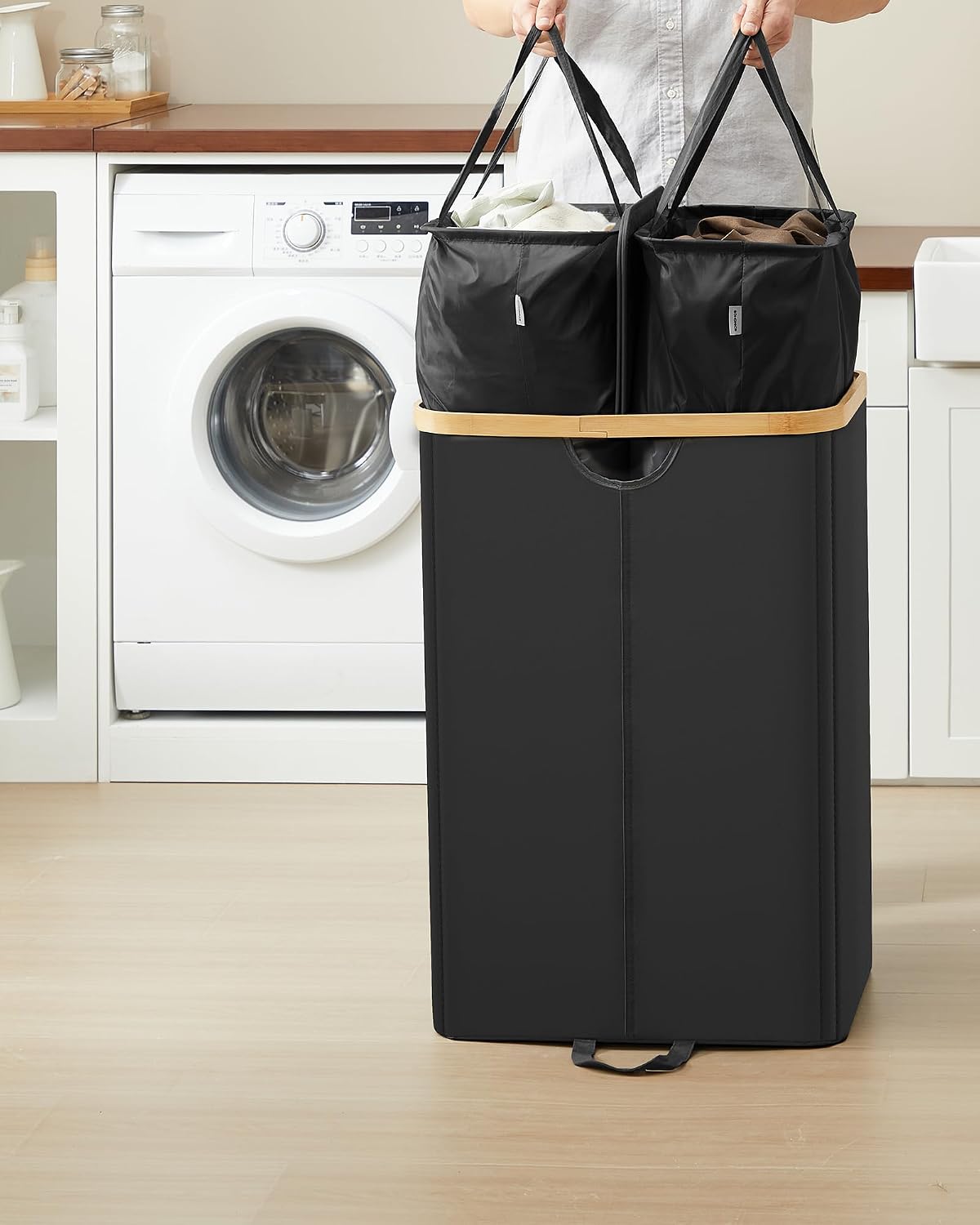 Wäschesammler 2 Fächer 150 l 52x38x75 cm Schwarz Beige von Songmics