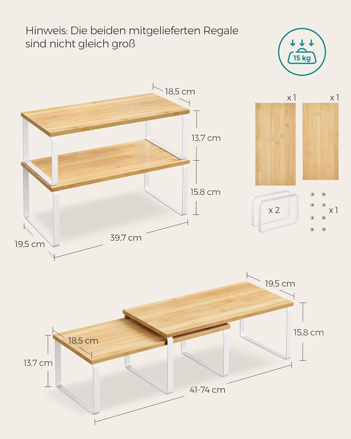 Gewürzregal 2er Set stapelbar erweiterbar Metall Holz weiß von Songmics