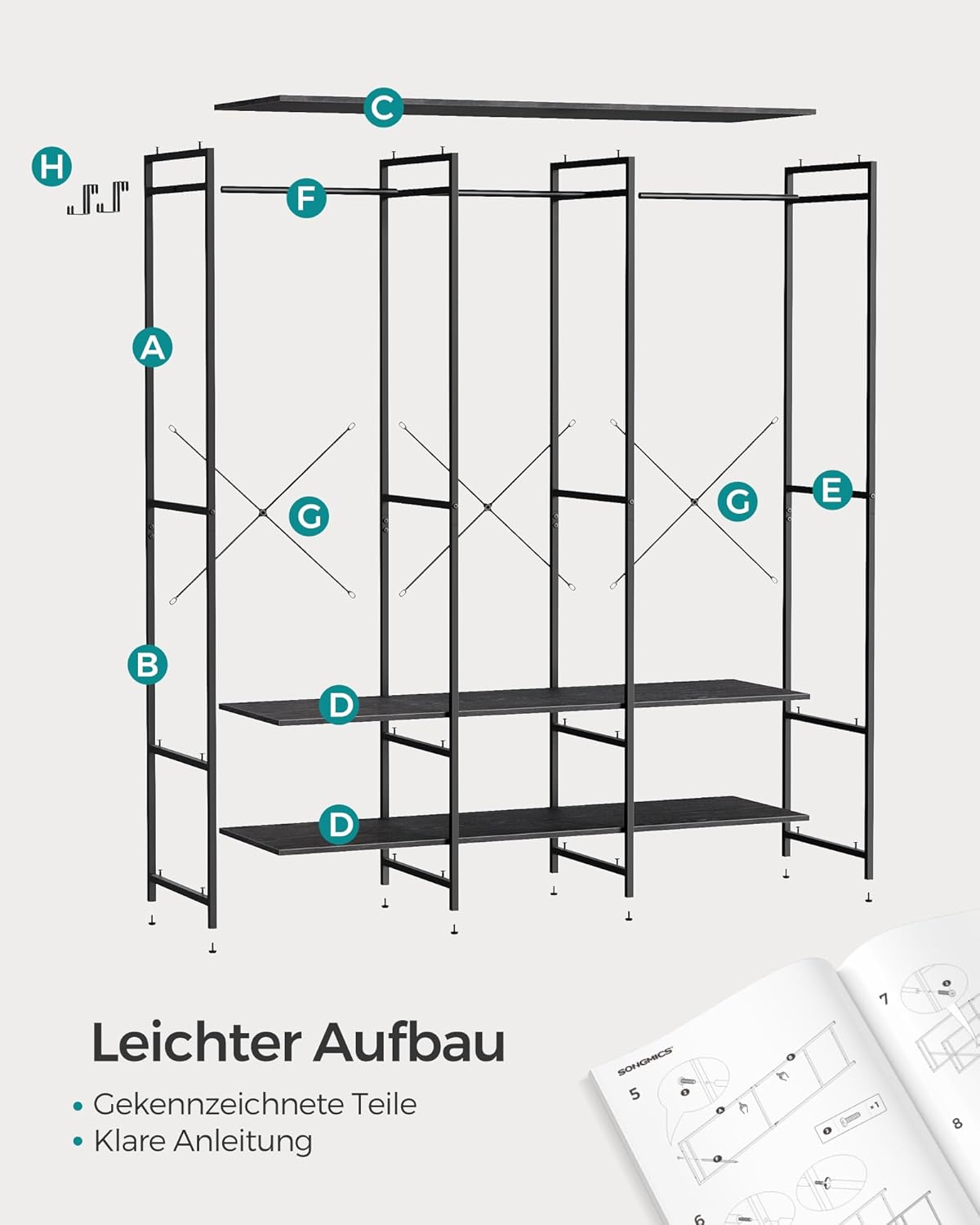 Offener Kleiderschrank mit Stange Haken Ablagen 180 cm von Songmics