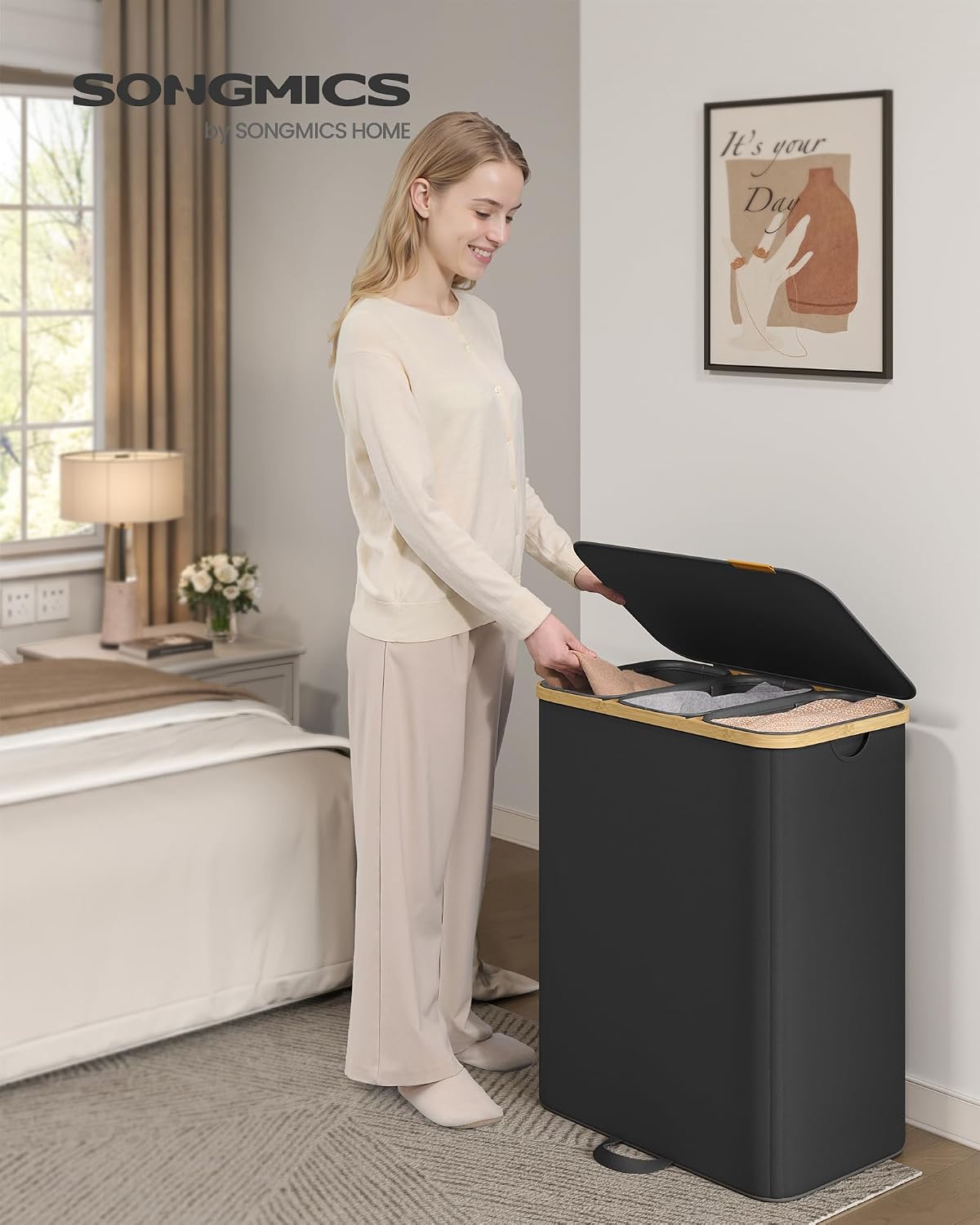 Wäschesortierer 3 Fächer 170 l Wäschekorb Tintenschwarz von Songmics