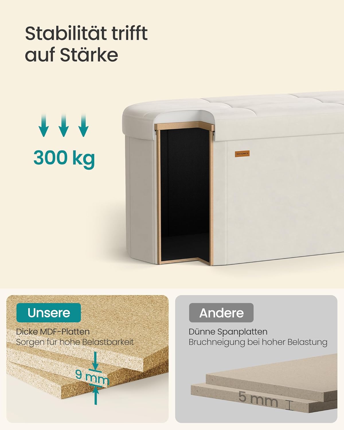 Sitzbank mit Stauraum Samt cremeweiß 110L faltbar 110cm von Songmics