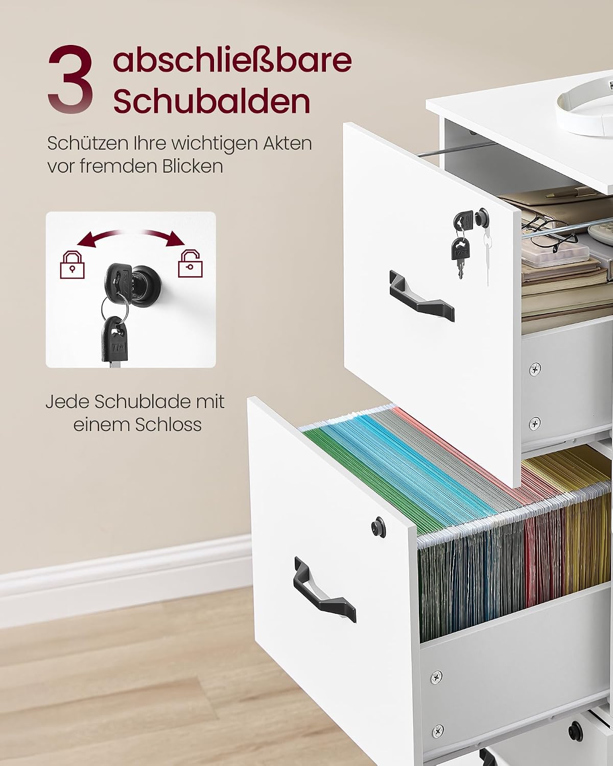 Aktenschrank 3 Schubladen A4 abschliessbar Wolkenweiss von Songmics
