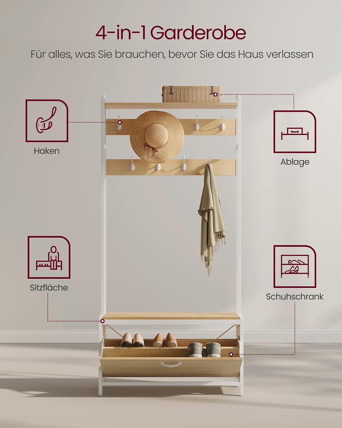 Garderobe 4-in-1 85x30x180 cm Schuhschrank Sitzbank von Songmics
