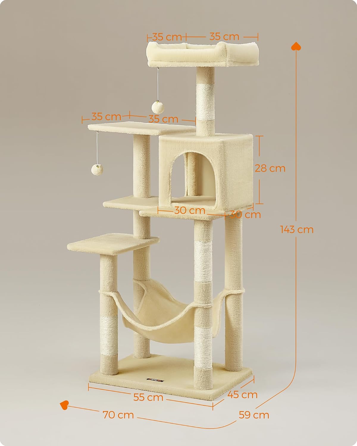 Kratzbaum 143 cm Katzenbaum Beige für Mehrkatzen von Songmics