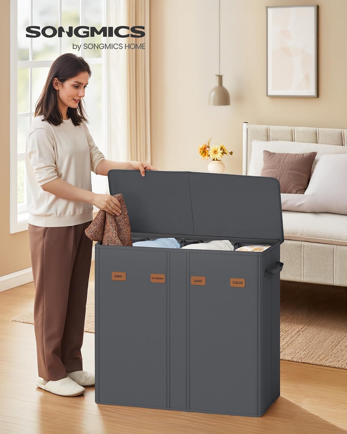 Wäschekorb 210 l 4 Fächer mit Deckel Dunkelgrau von Songmics